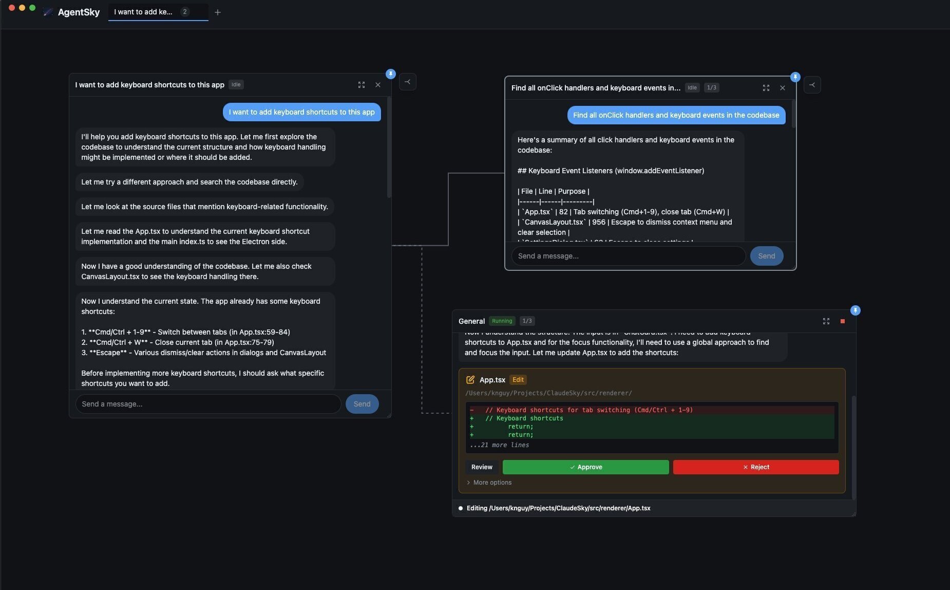 AgentSky - Visual Multi-Agent Claude Orchestrator interface showing multiple Claude agents in a grid layout